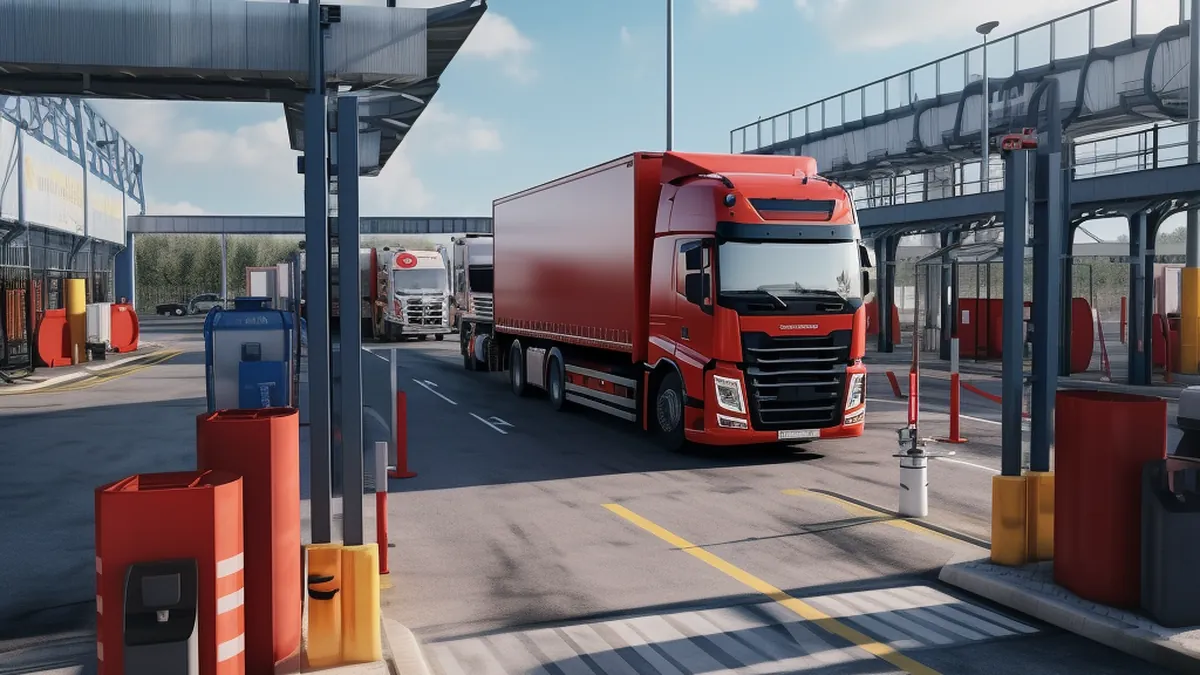 Lastwagen an den Kontrollspuren eines Logistikzentrums